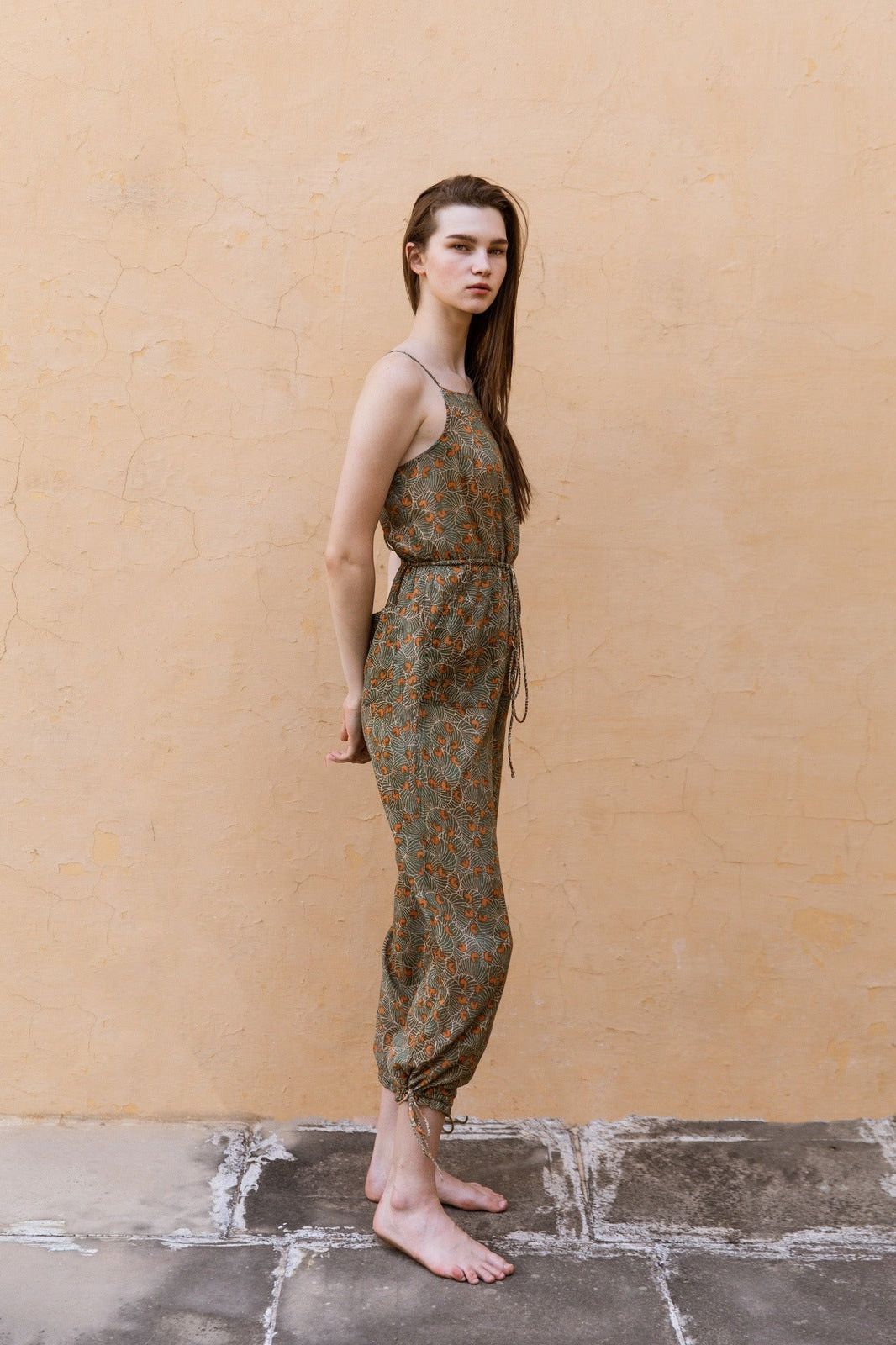 Hand-Printed Simané Jumpsuit (Safari Green) CQC LA