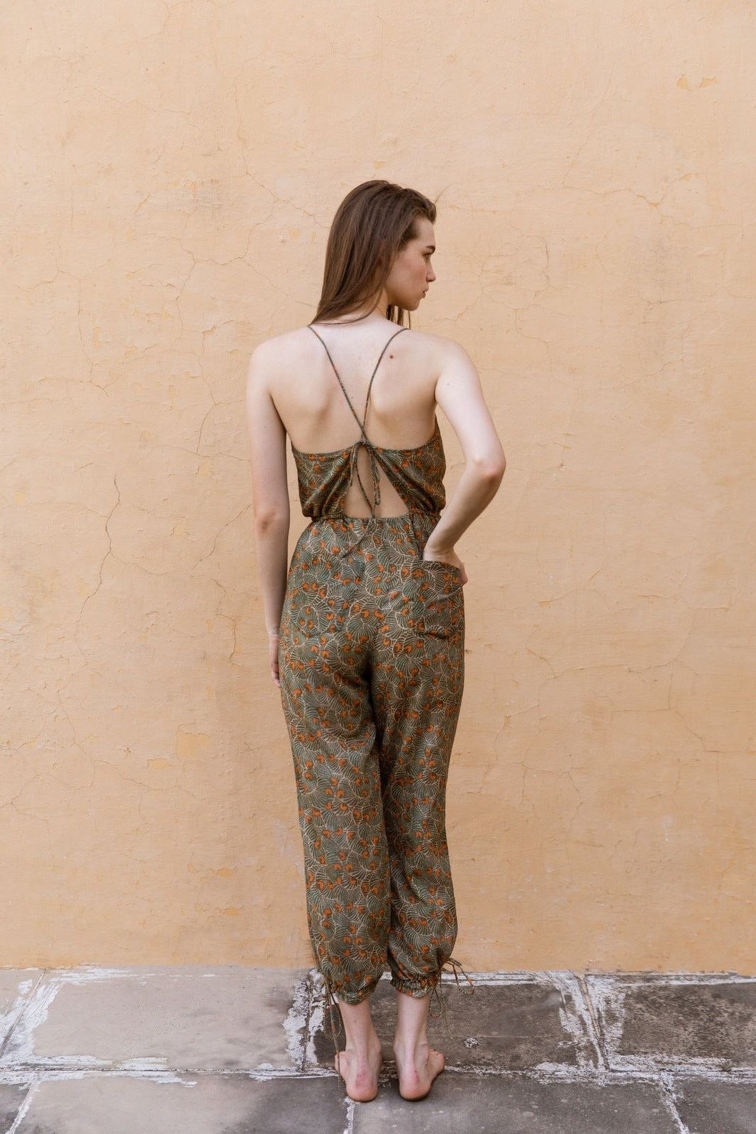 Hand-Printed Simané Jumpsuit (Safari Green) CQC LA