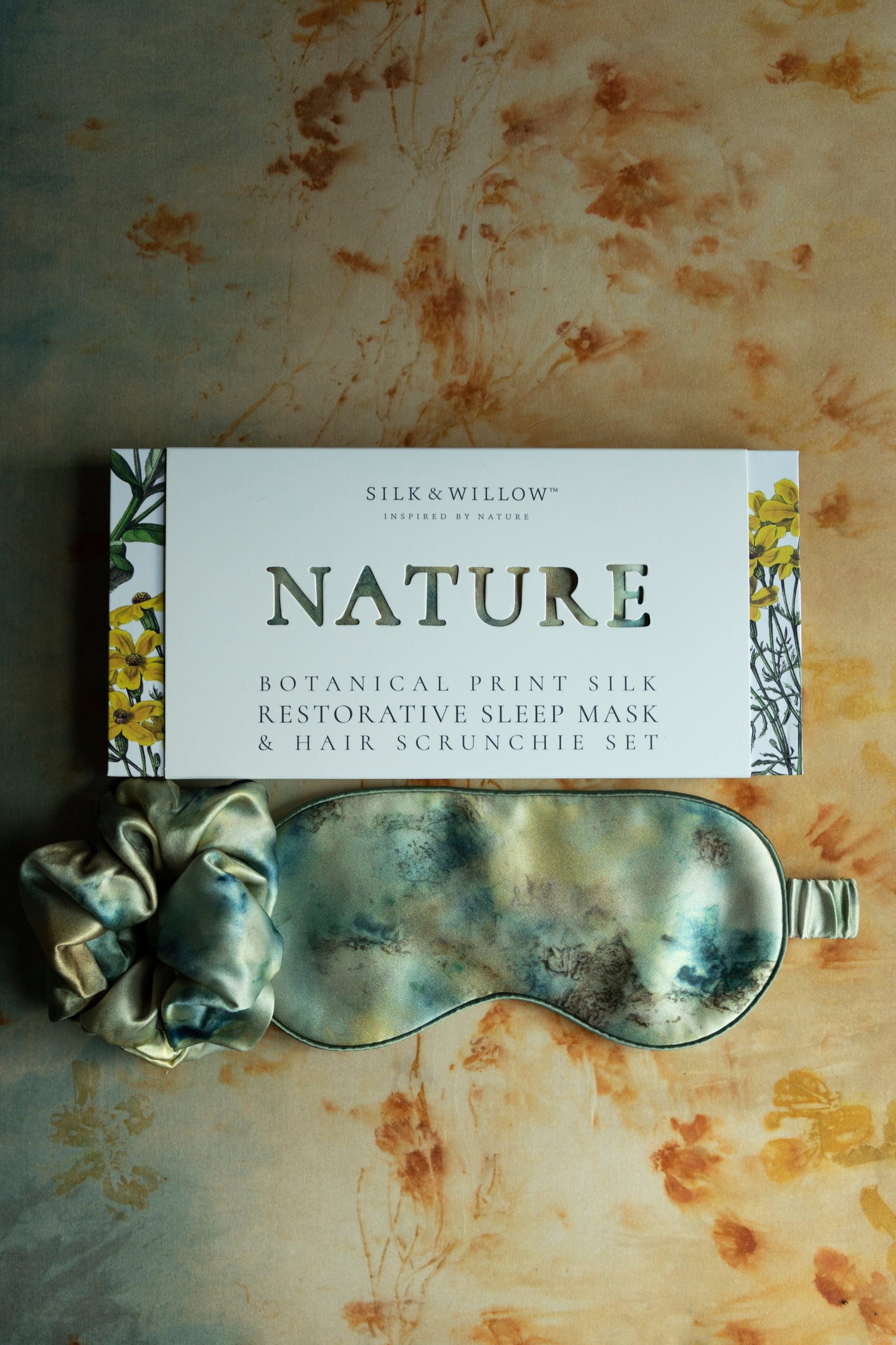 Botanical Print • Silk Sleep Eye Mask + Hair Scrunchie Set / Seascape