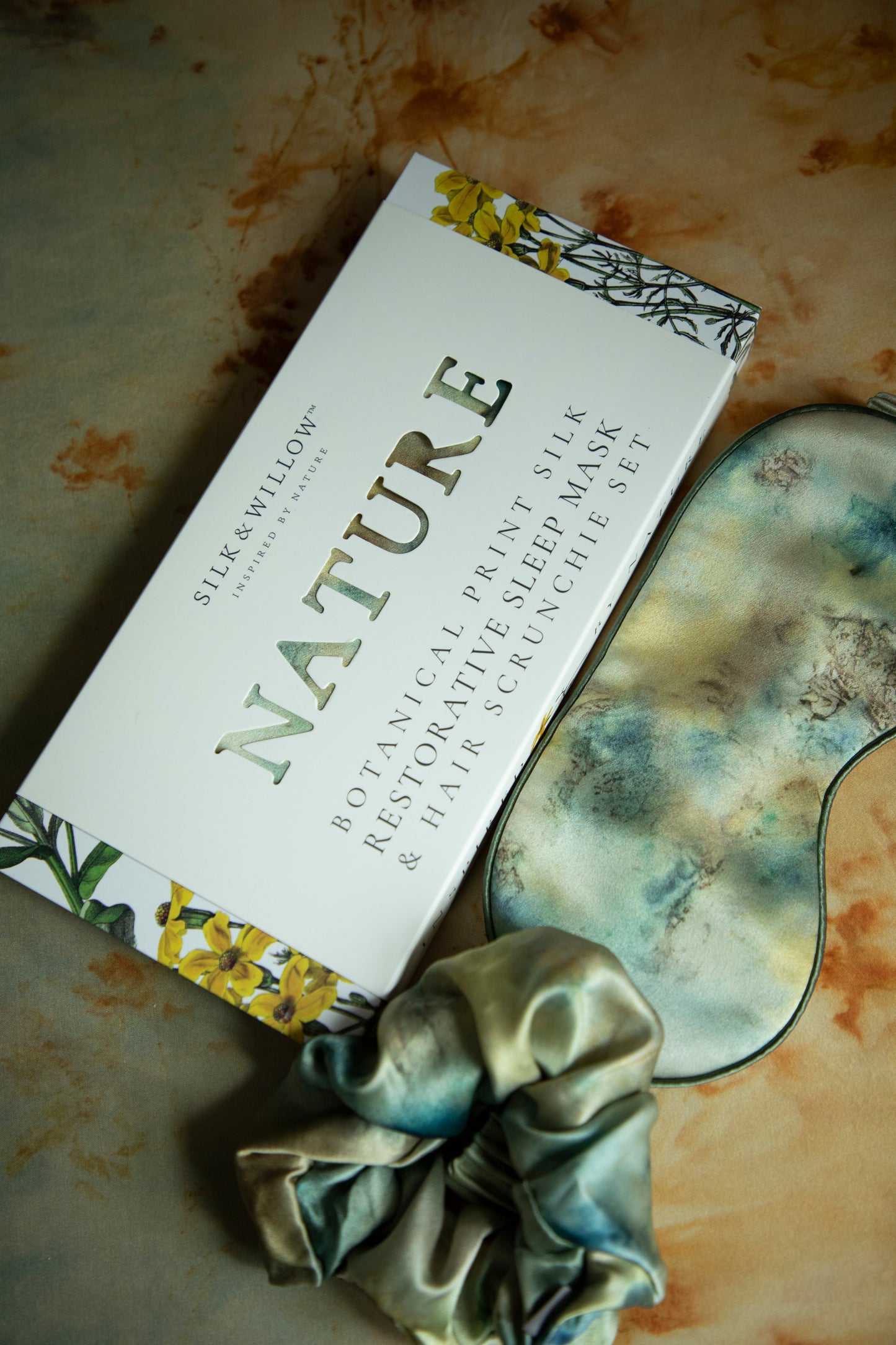 Botanical Print • Silk Sleep Eye Mask + Hair Scrunchie Set / Seascape