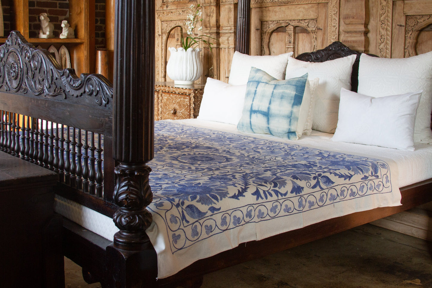 Blue Blossom Uzbek Suzani Throw