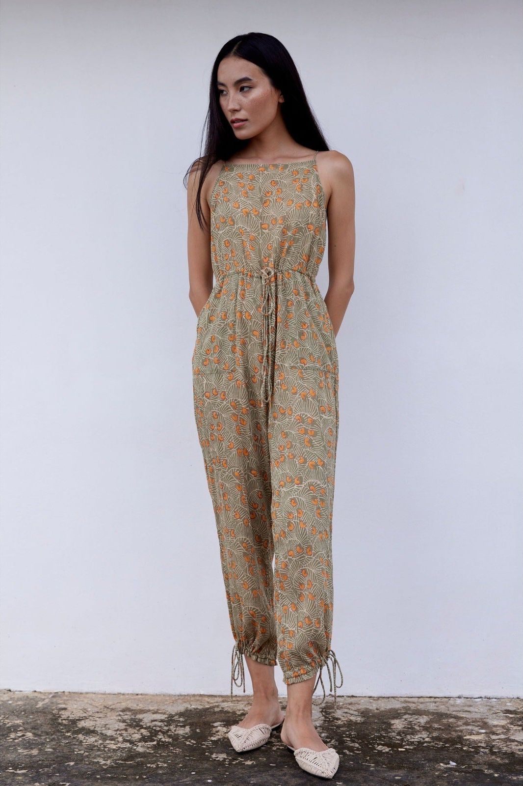 Hand-Printed Simané Jumpsuit (Safari Green) CQC LA