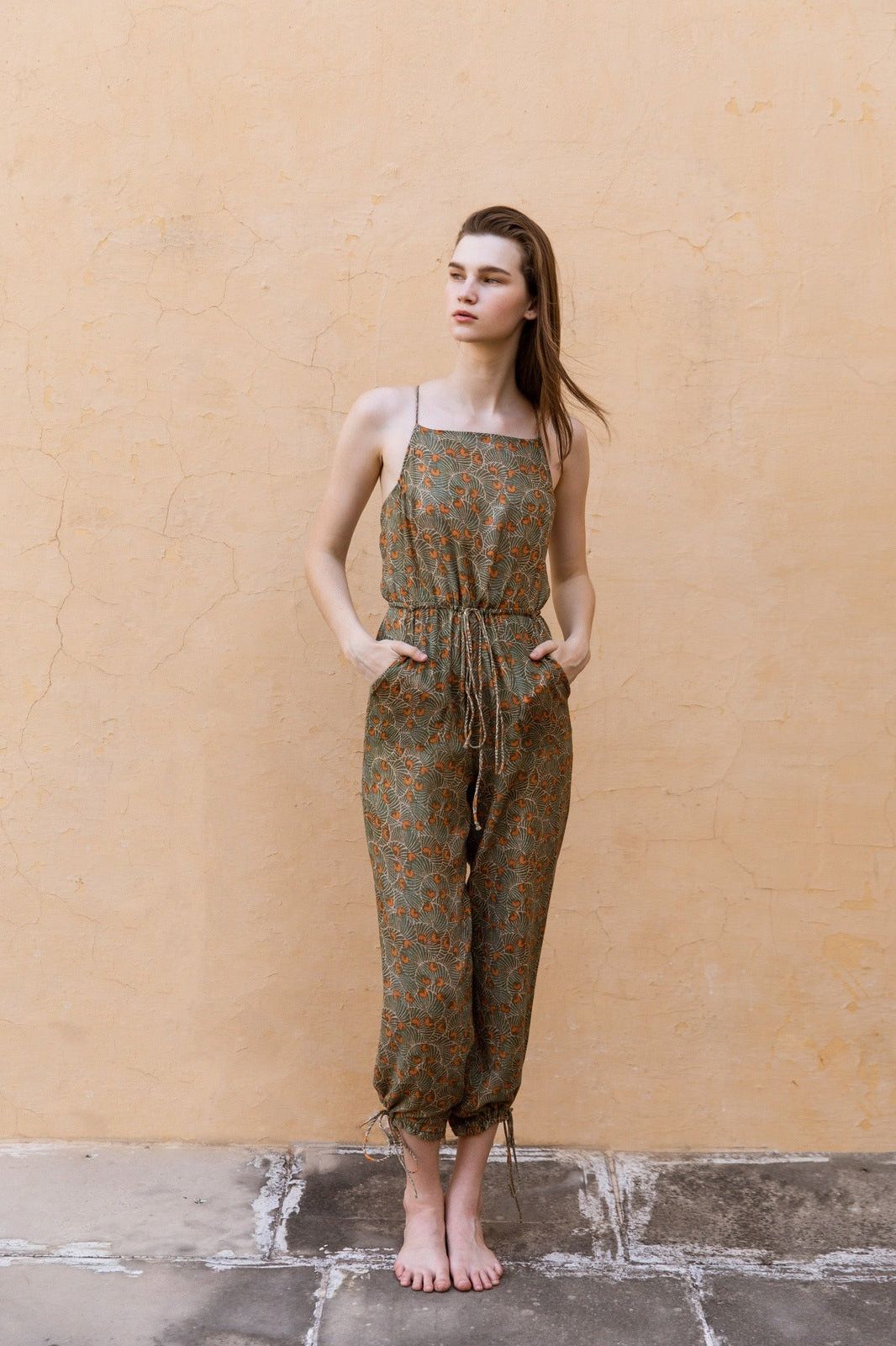 Hand-Printed Simané Jumpsuit (Safari Green) CQC LA