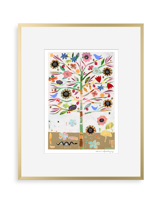 Vibrant hand-signed art print featuring a colorful tree and flowers on fine art paper, displayed in a gold frame.