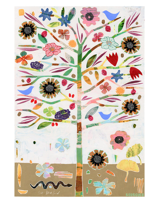 Colorful tree art print titled 'AS ABOVE SO BELOW' featuring vibrant flowers and birds, hand-signed on fine art paper.