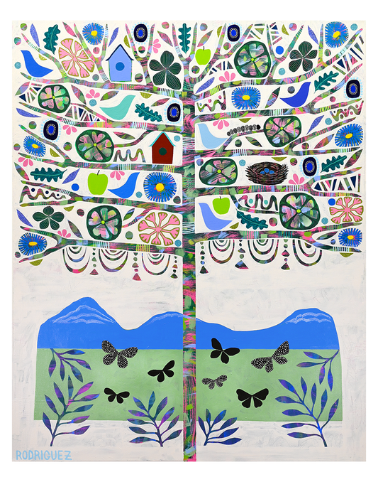 Colorful hand-signed print titled 'Back to Eden' featuring a tree with birds, flowers, and butterflies on fine art paper.