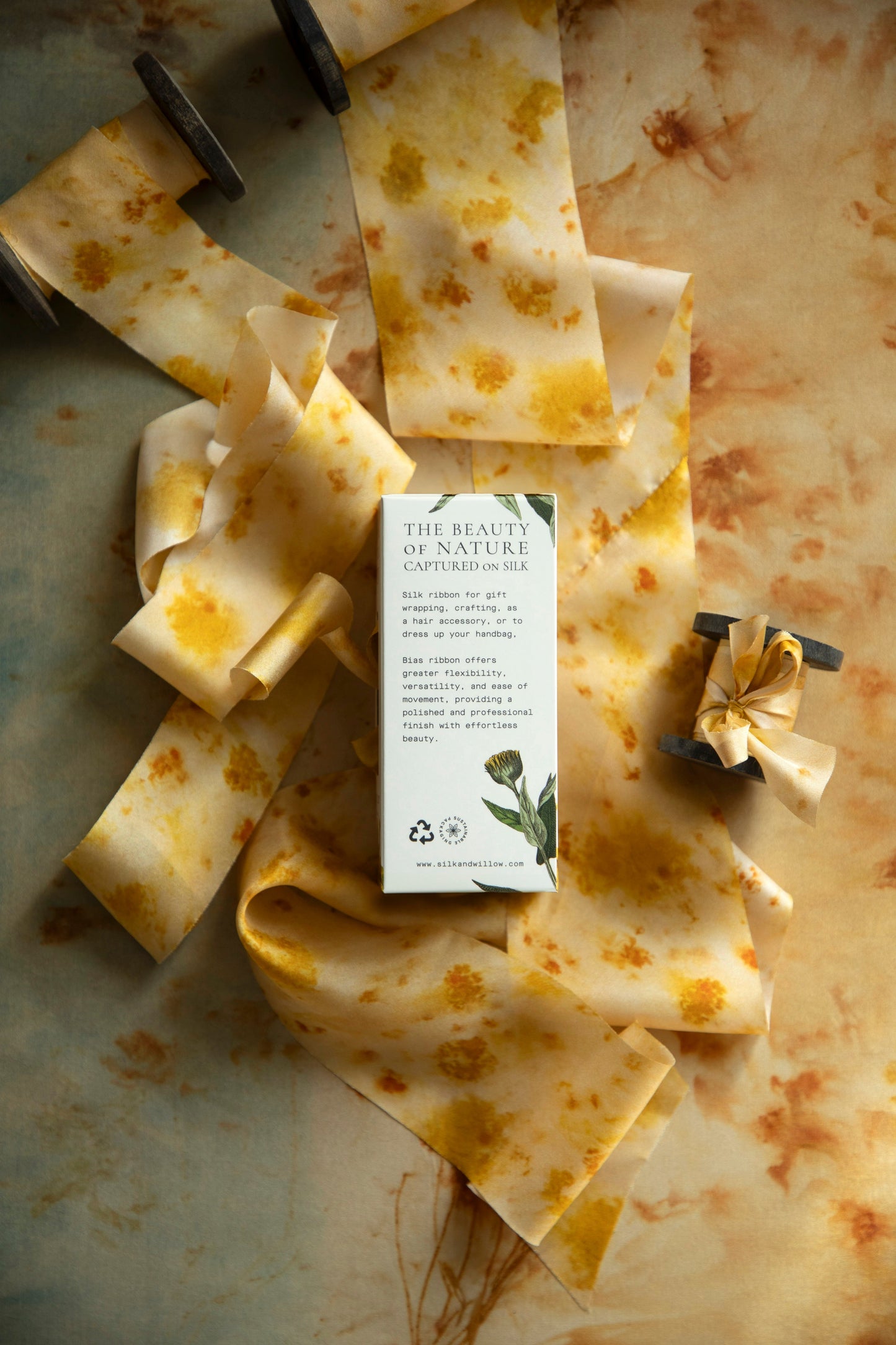 Botanical Print /  Marigold Yellow Silk Ribbon