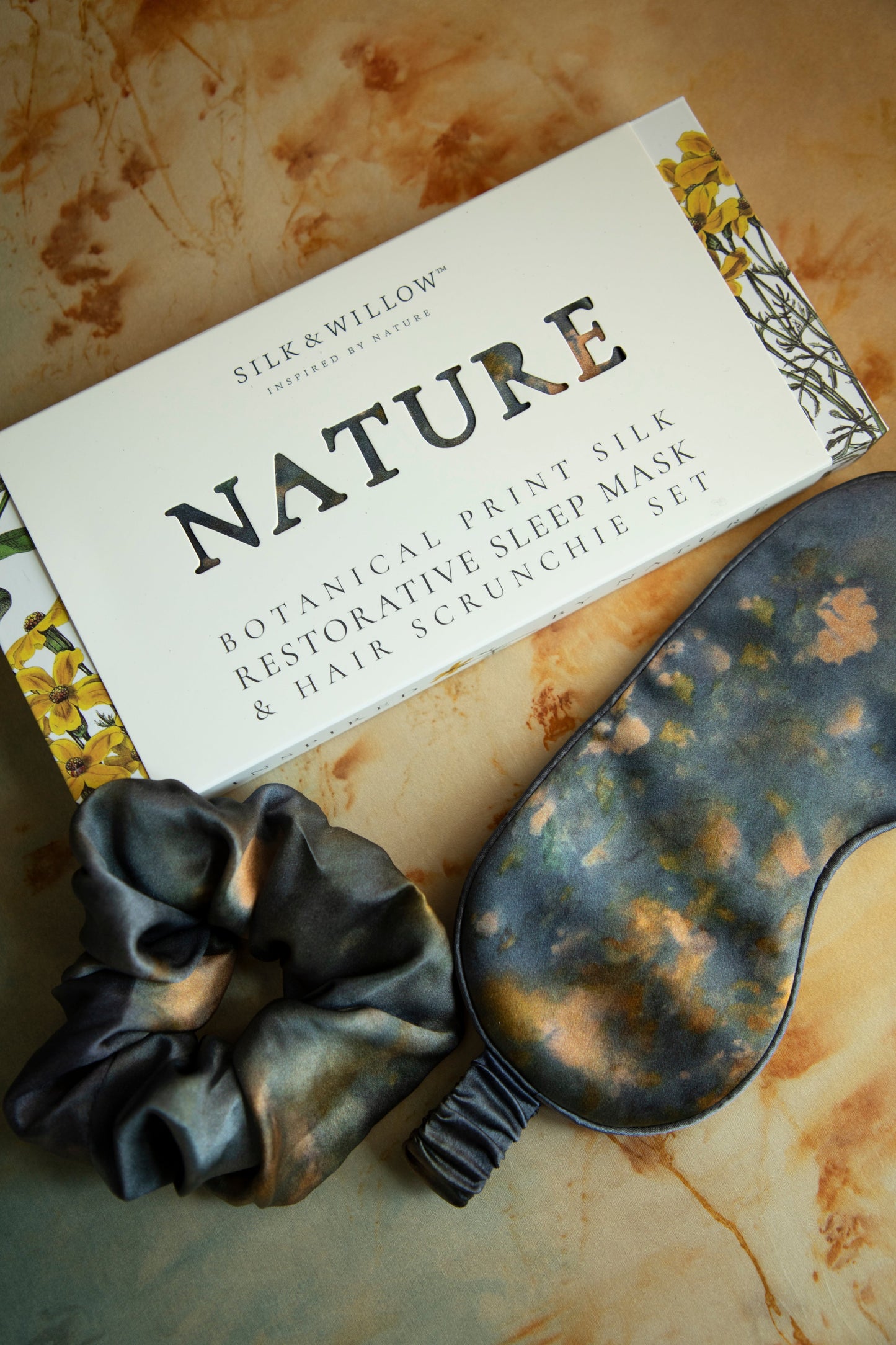 Botanical Print • Silk Sleep Eye Mask + Hair Scrunchie Set / Midnight