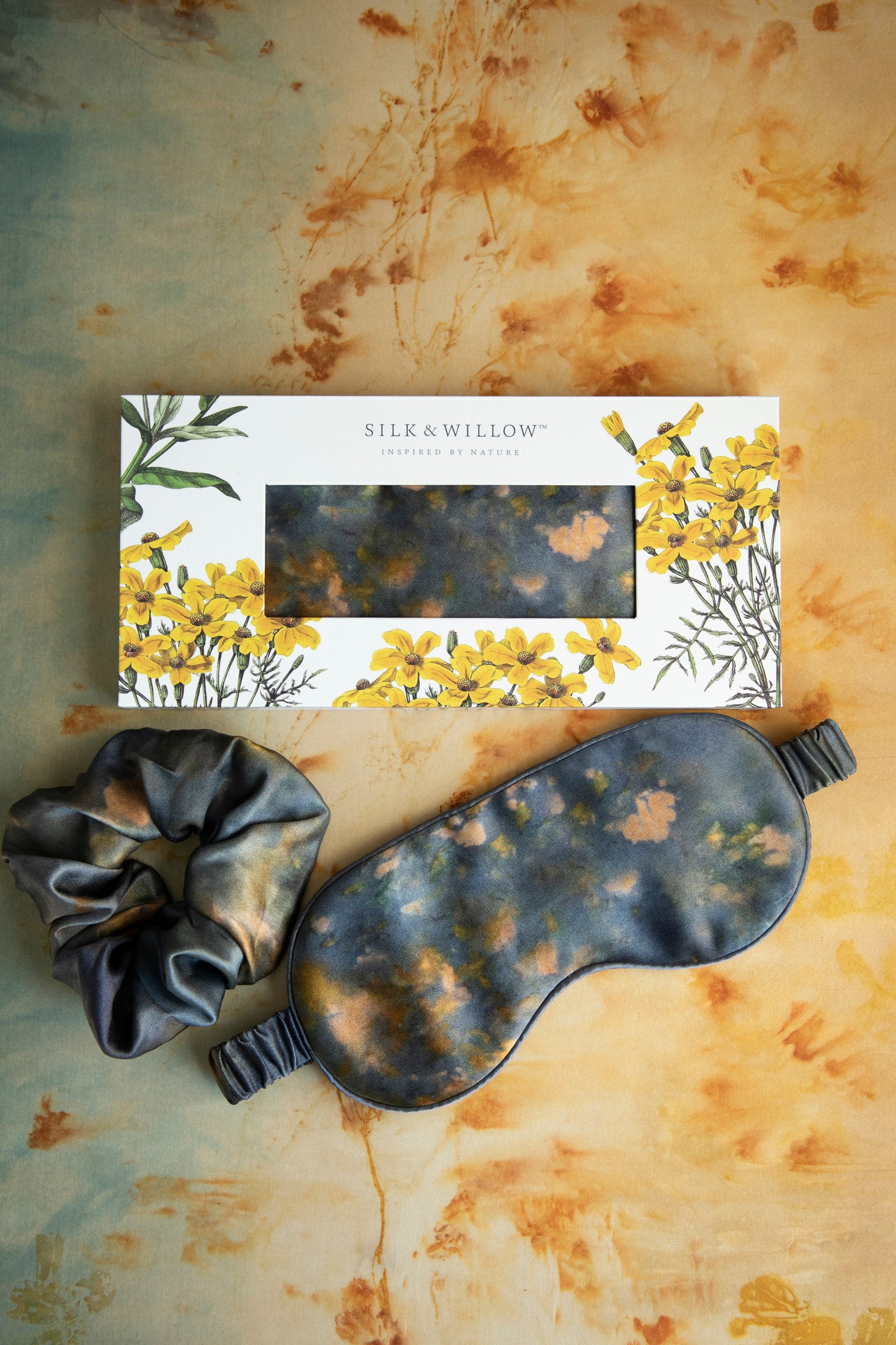Botanical Print • Silk Sleep Eye Mask + Hair Scrunchie Set / Midnight