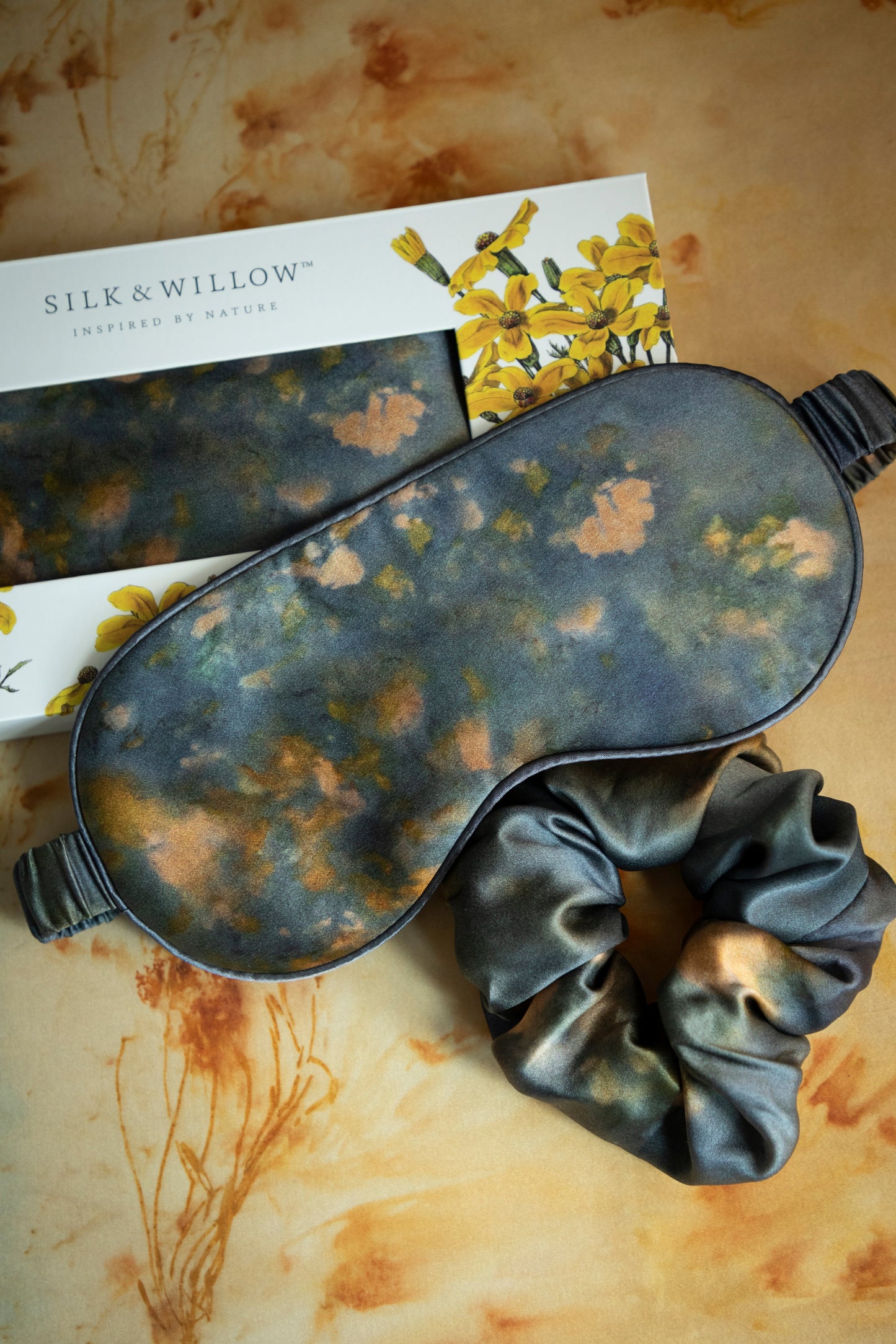 Botanical Print • Silk Sleep Eye Mask + Hair Scrunchie Set / Midnight