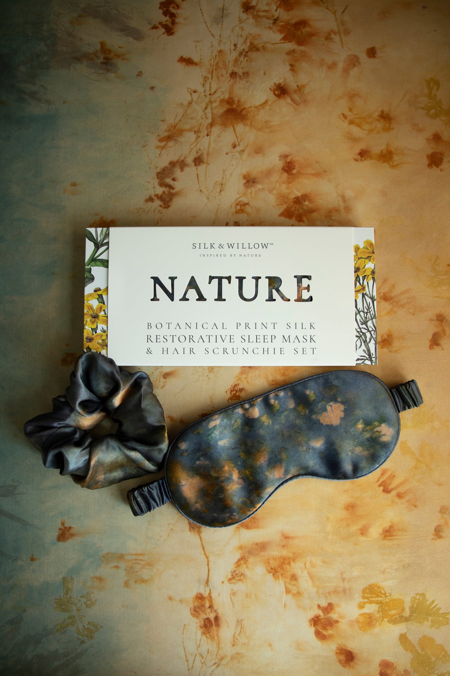 Botanical Print • Silk Sleep Eye Mask + Hair Scrunchie Set / Midnight