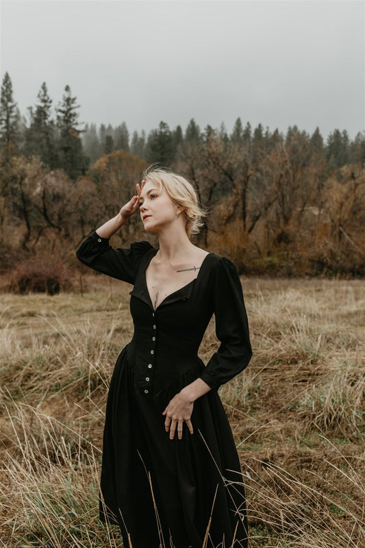 Prairie Dress in Black Linen Field Day