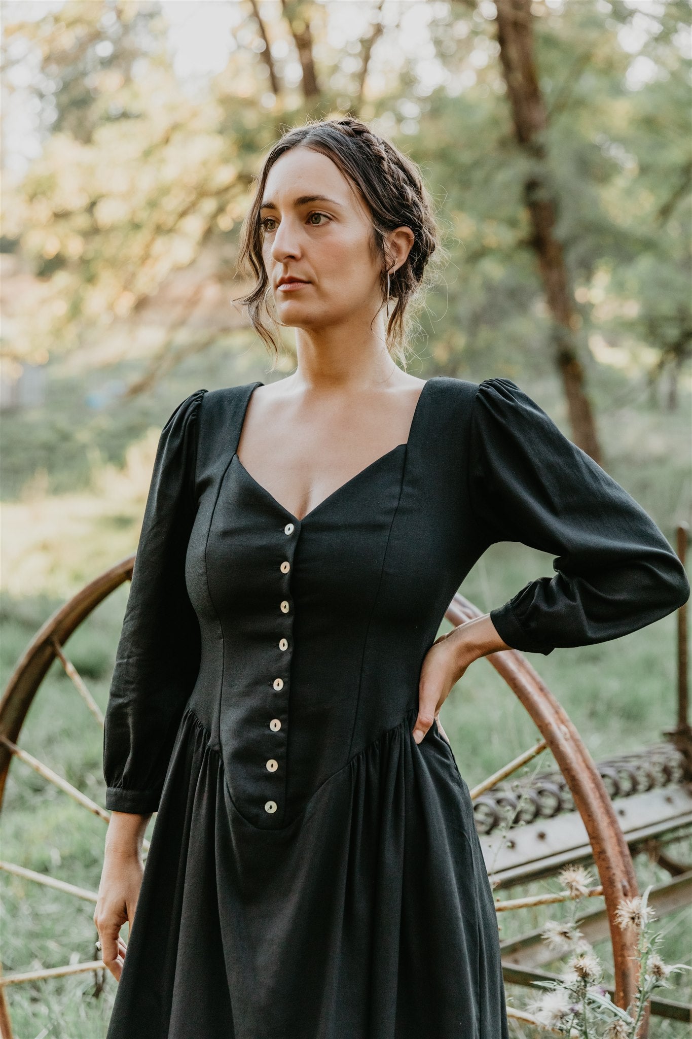 Prairie Dress in Black Linen Field Day