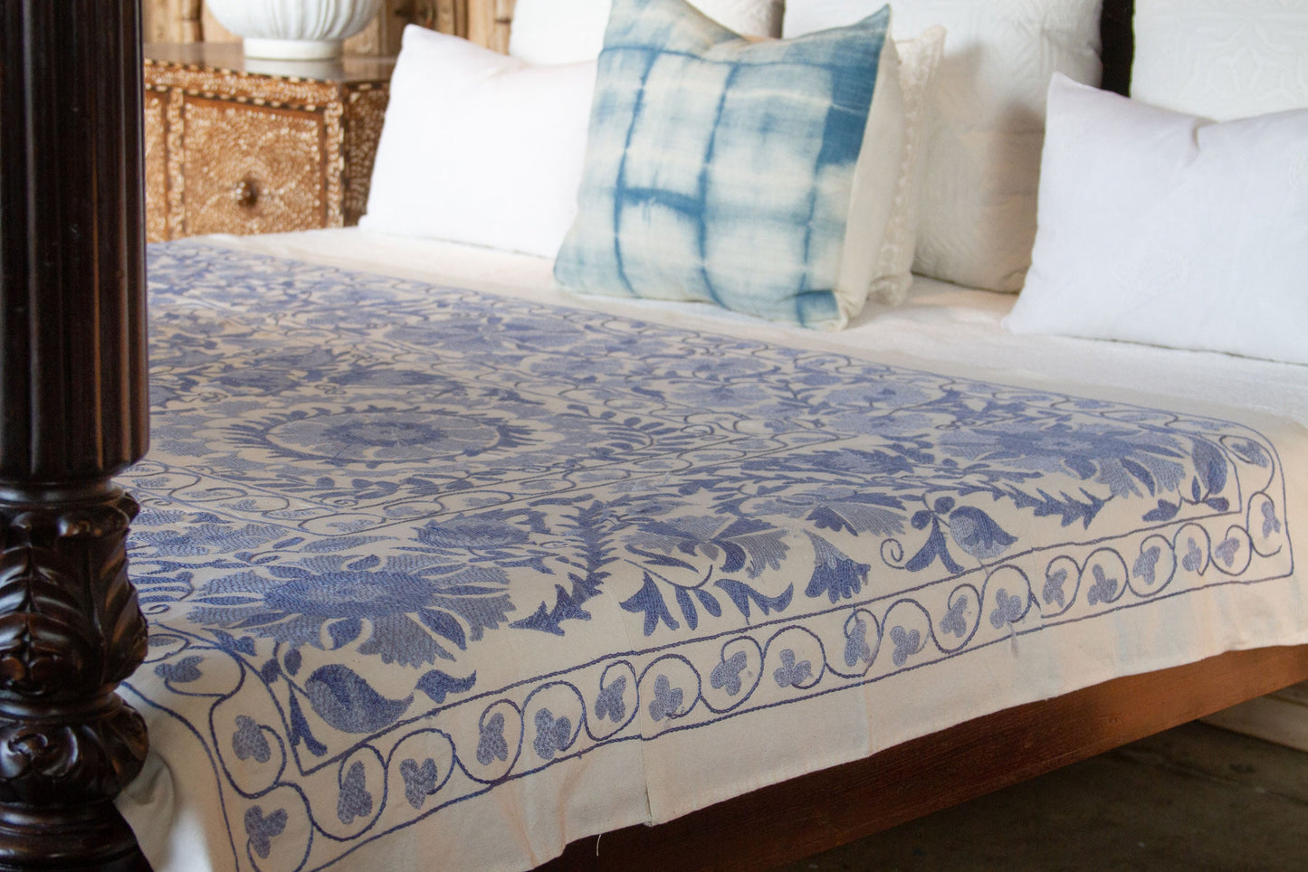 Blue Blossom Uzbek Suzani Throw