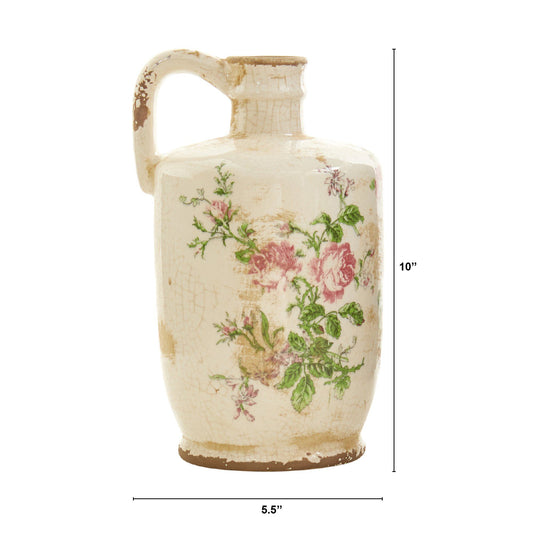 10” Tuscan Ceramic Floral Print Pitcher Nearly Natural