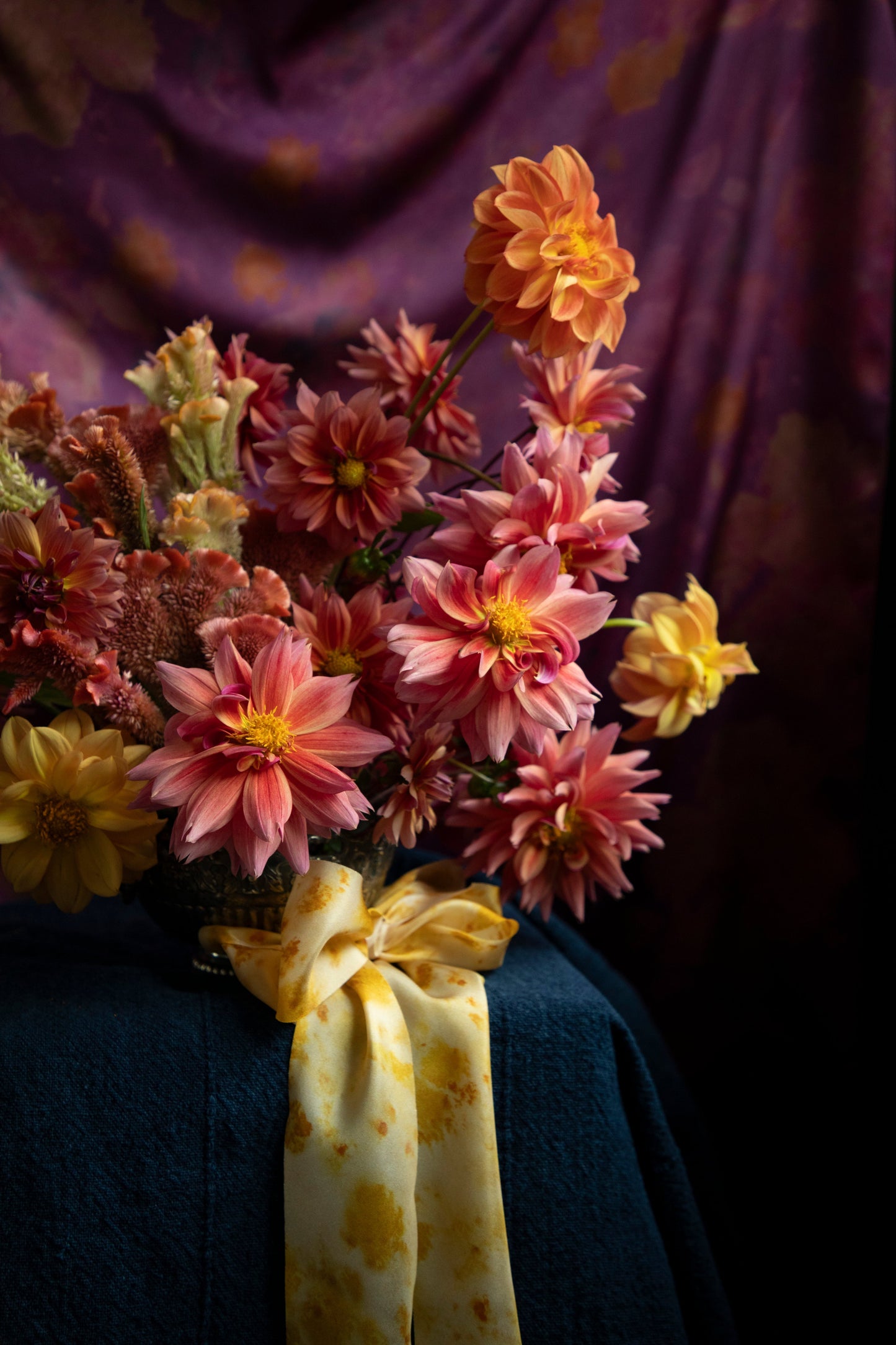 Botanical Print /  Marigold Yellow Silk Ribbon