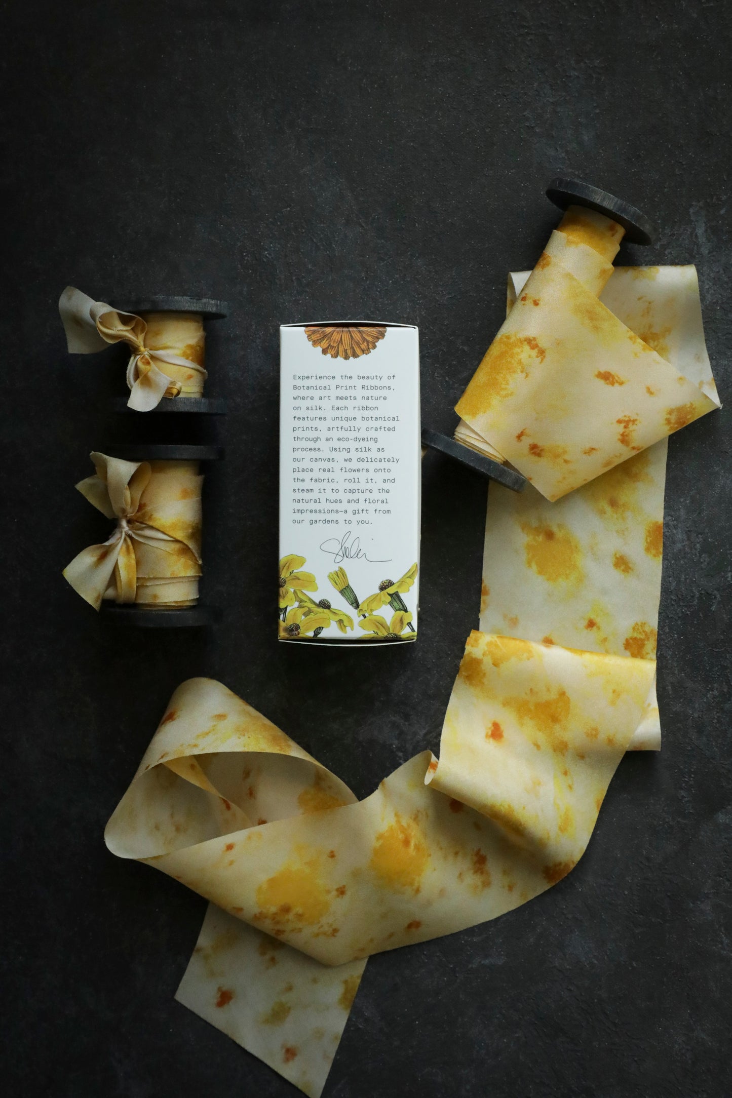 Botanical Print /  Marigold Yellow Silk Ribbon