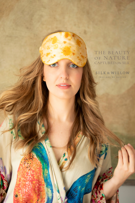 Botanical Print • Silk Sleep Eye Mask + Hair Scrunchie Set / Marigold Yellow