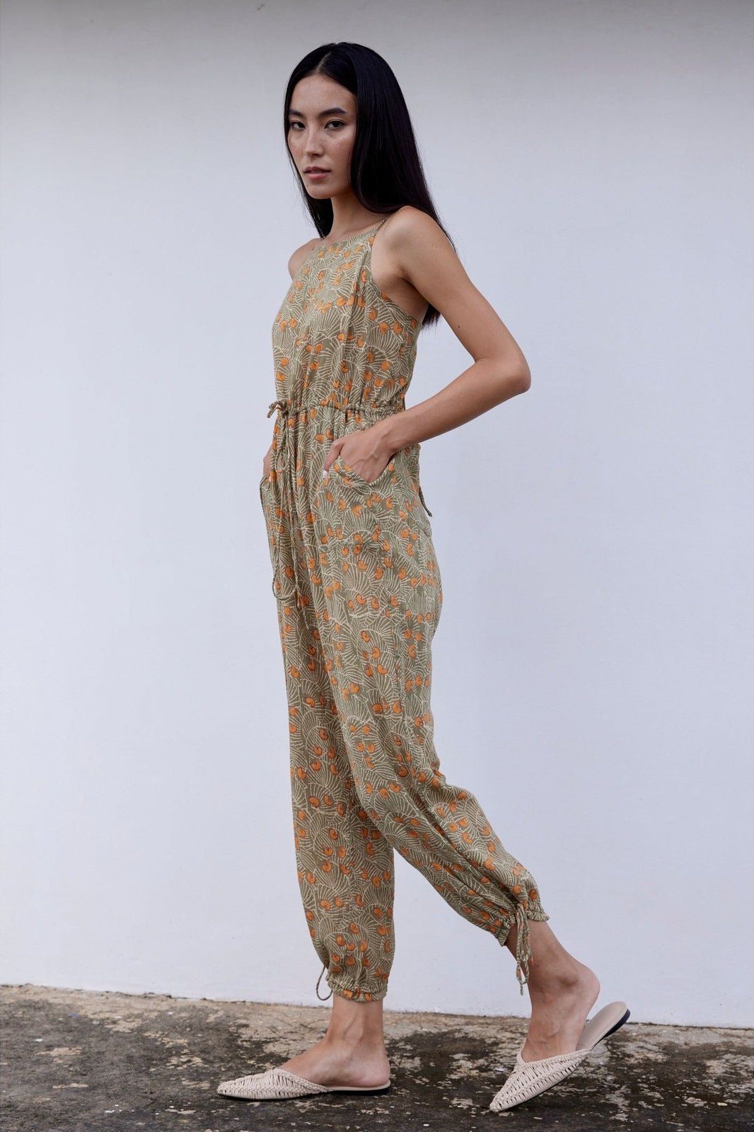 Hand-Printed Simané Jumpsuit (Safari Green) CQC LA